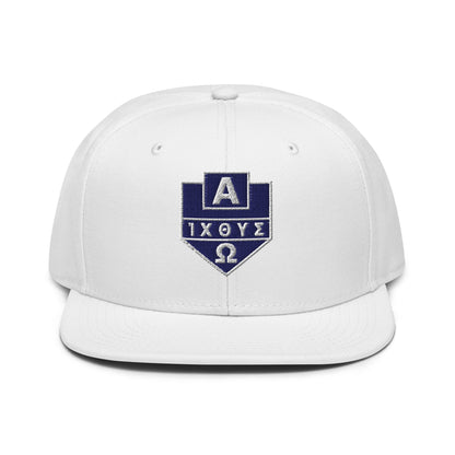Alpha Omega ICTHYS Greek Shield Flat Embroidered Snapback - Inken Image