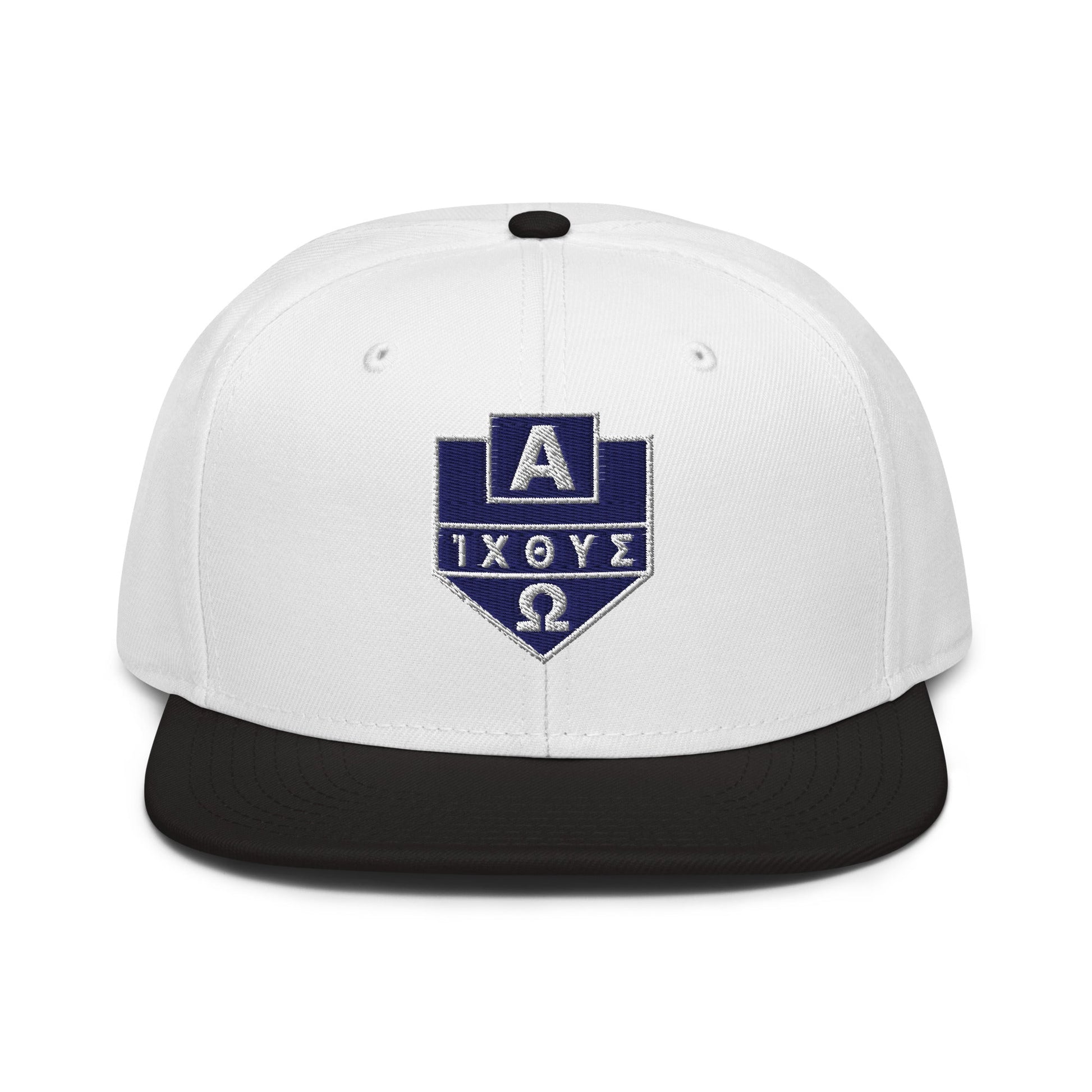 Alpha Omega ICTHYS Greek Shield Flat Embroidered Snapback - Inken Image