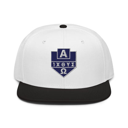Alpha Omega ICTHYS Greek Shield Flat Embroidered Snapback - Inken Image
