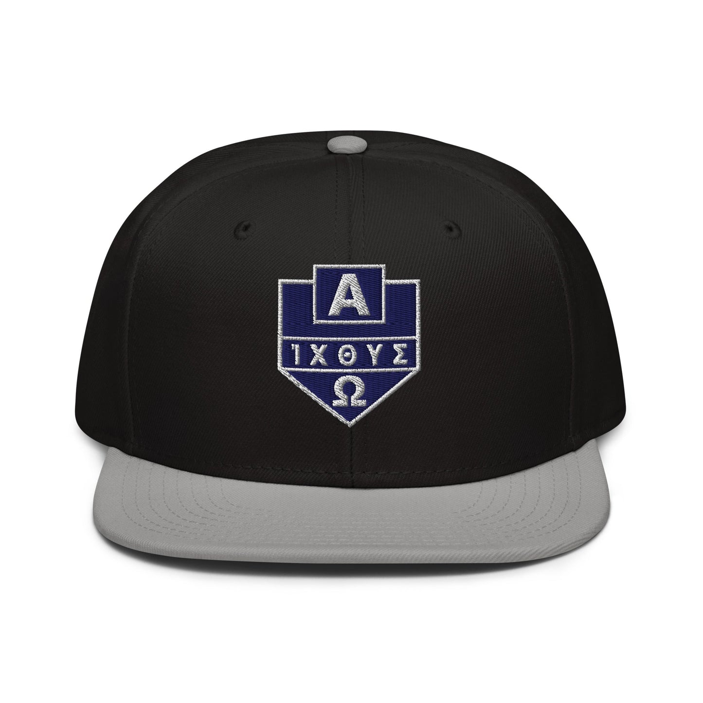 Alpha Omega ICTHYS Greek Shield Flat Embroidered Snapback - Inken Image