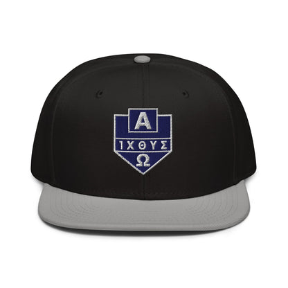 Alpha Omega ICTHYS Greek Shield Flat Embroidered Snapback - Inken Image
