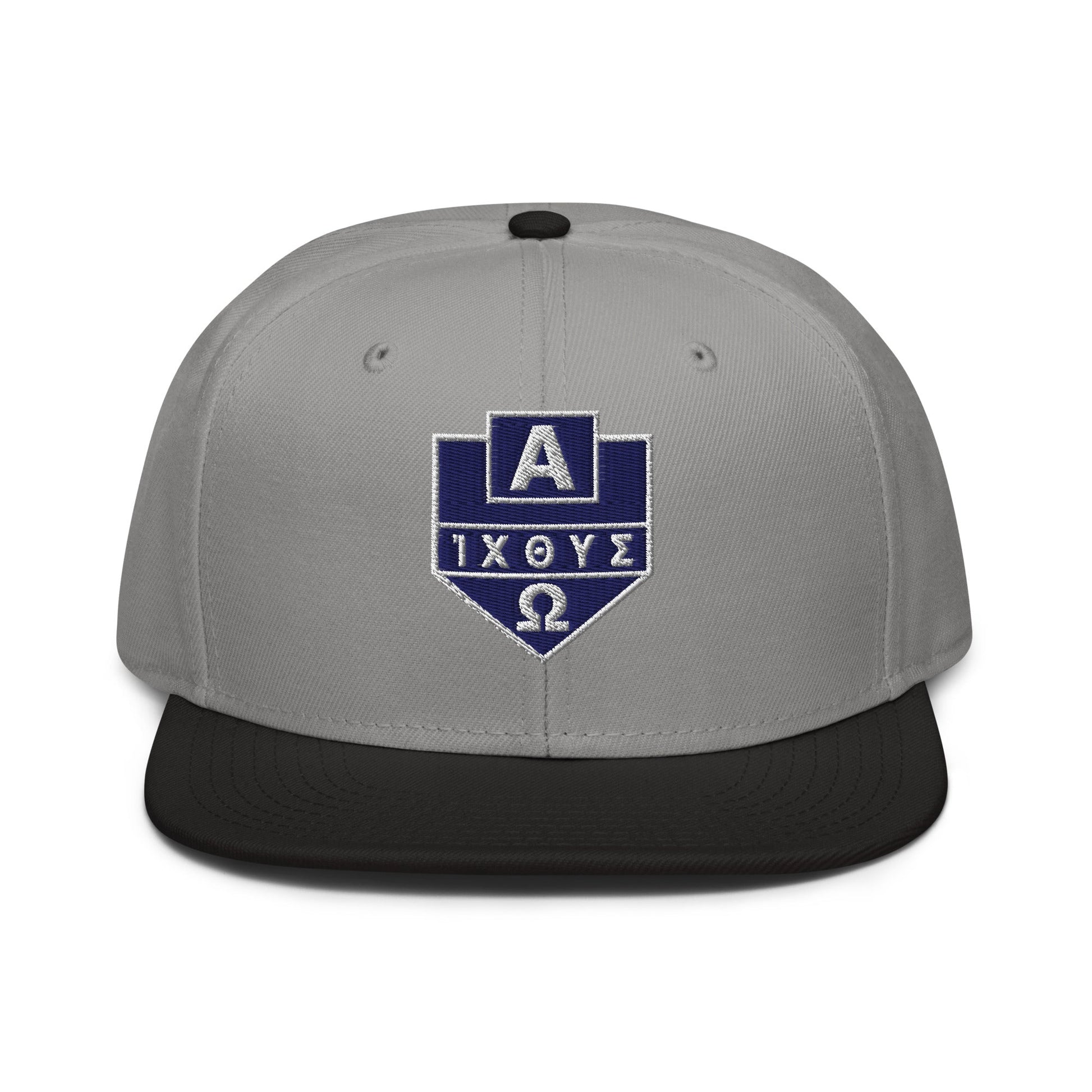 Alpha Omega ICTHYS Greek Shield Flat Embroidered Snapback - Inken Image