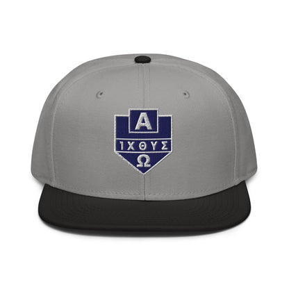 Alpha Omega ICTHYS Greek Shield Flat Embroidered Snapback - Inken Image
