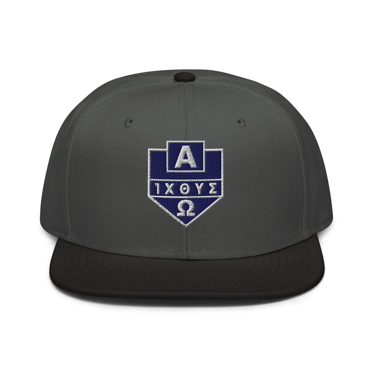 Alpha Omega ICTHYS Greek Shield Flat Embroidered Snapback - Inken Image