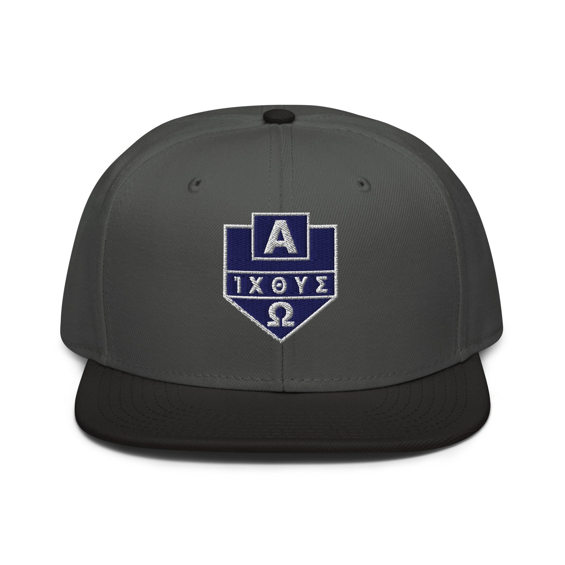 Alpha Omega ICTHYS Greek Shield Flat Embroidered Snapback - Inken Image
