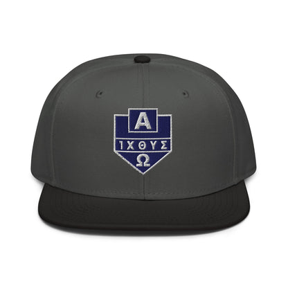 Alpha Omega ICTHYS Greek Shield Flat Embroidered Snapback - Inken Image