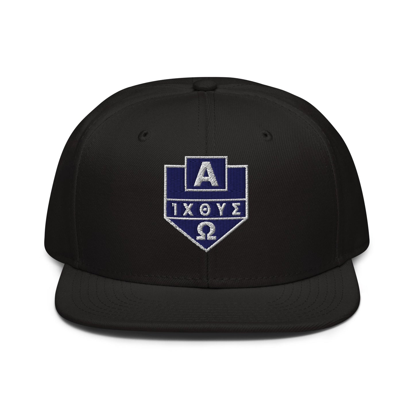 Alpha Omega ICTHYS Greek Shield Flat Embroidered Snapback - Inken Image