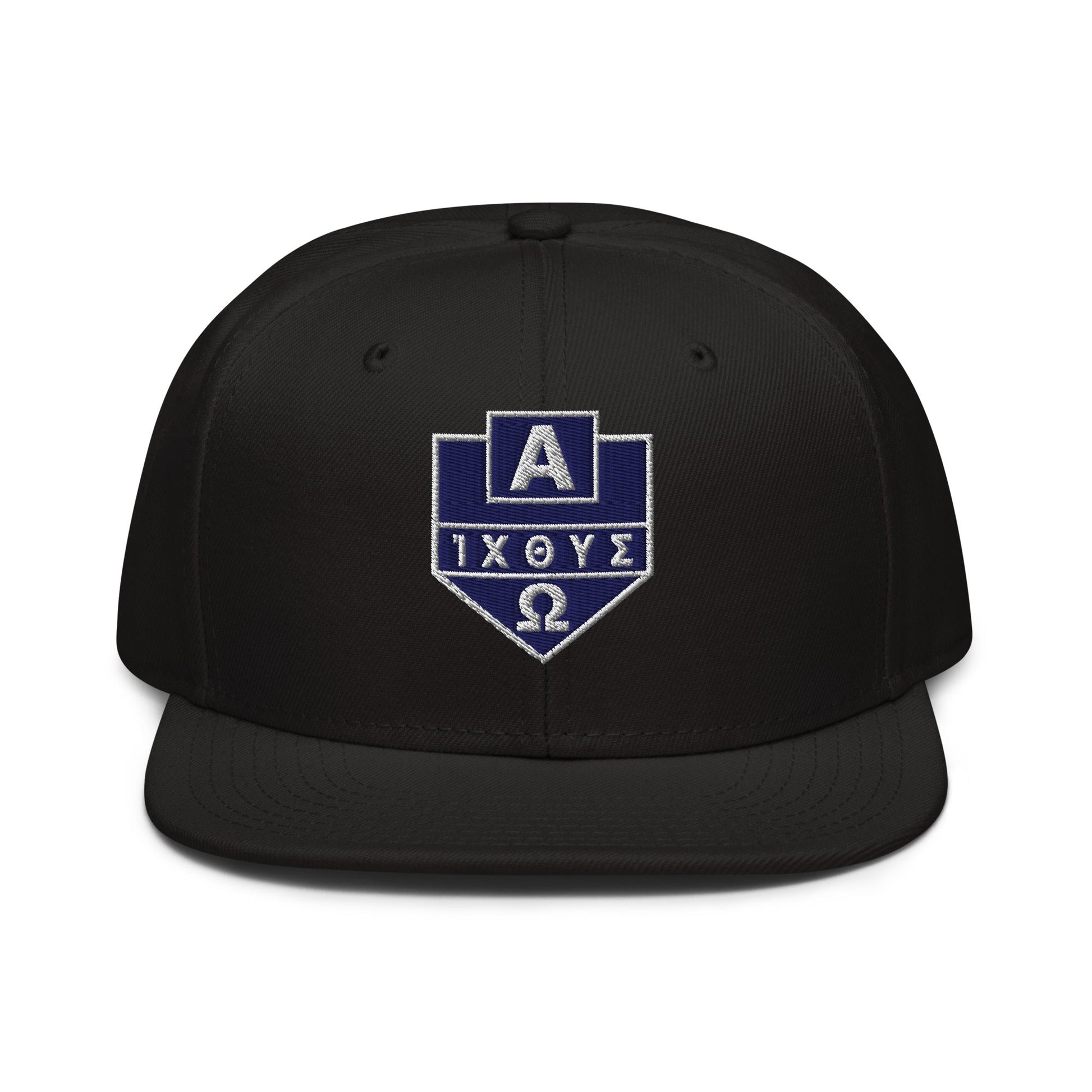 Alpha Omega ICTHYS Greek Shield Flat Embroidered Snapback - Inken Image