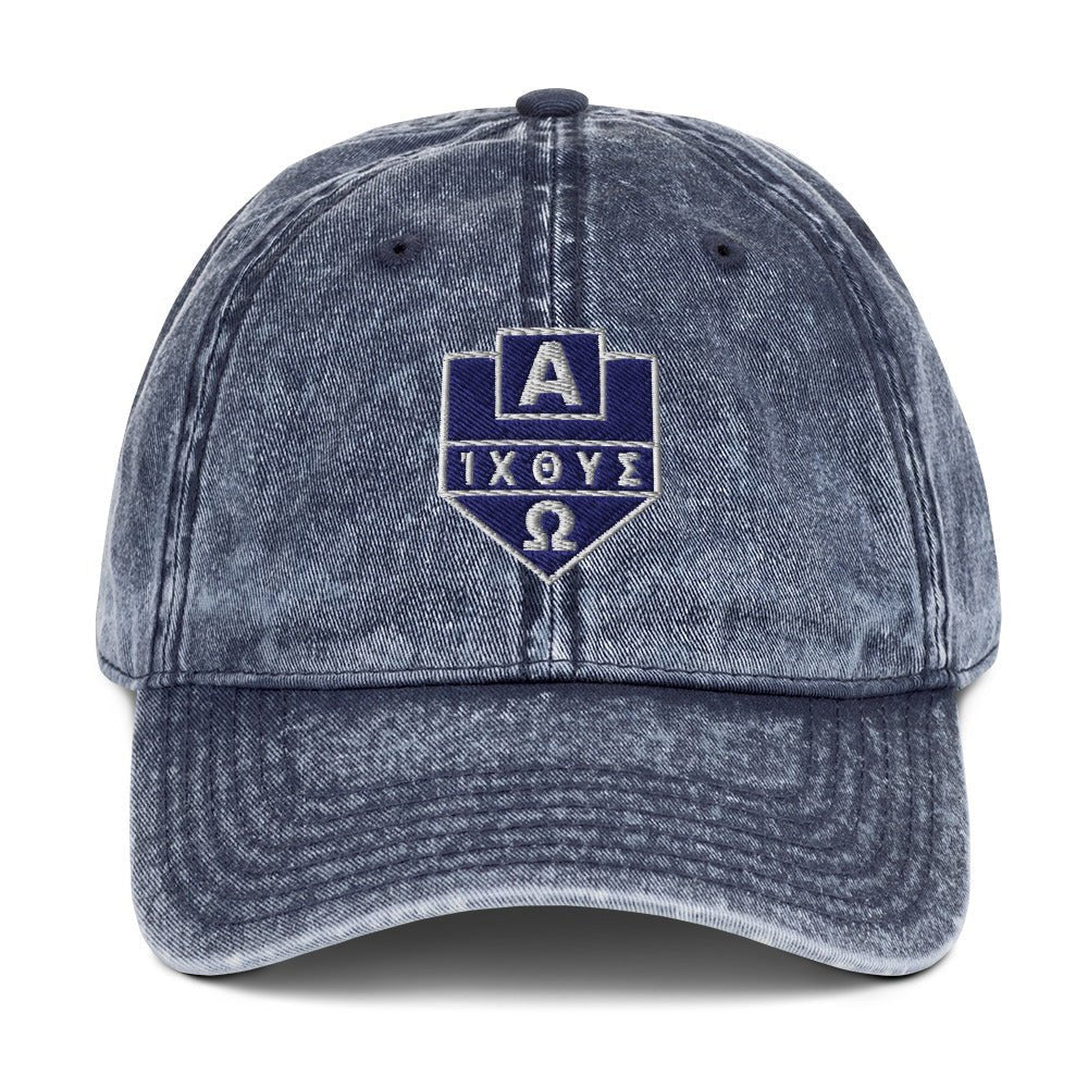 Alpha Omega ICTHYS Greek Shield Flat Embroidered Vintage Cotton Twill Cap - Inken Image
