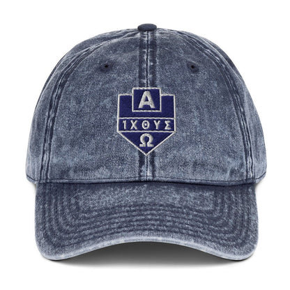 Alpha Omega ICTHYS Greek Shield Flat Embroidered Vintage Cotton Twill Cap - Inken Image