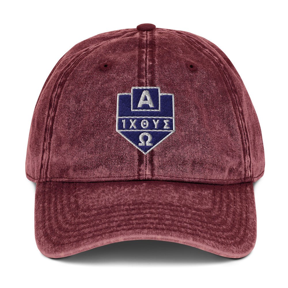 Alpha Omega ICTHYS Greek Shield Flat Embroidered Vintage Cotton Twill Cap - Inken Image