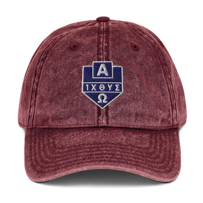 Alpha Omega ICTHYS Greek Shield Flat Embroidered Vintage Cotton Twill Cap - Inken Image