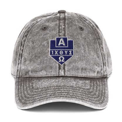 Alpha Omega ICTHYS Greek Shield Flat Embroidered Vintage Cotton Twill Cap - Inken Image