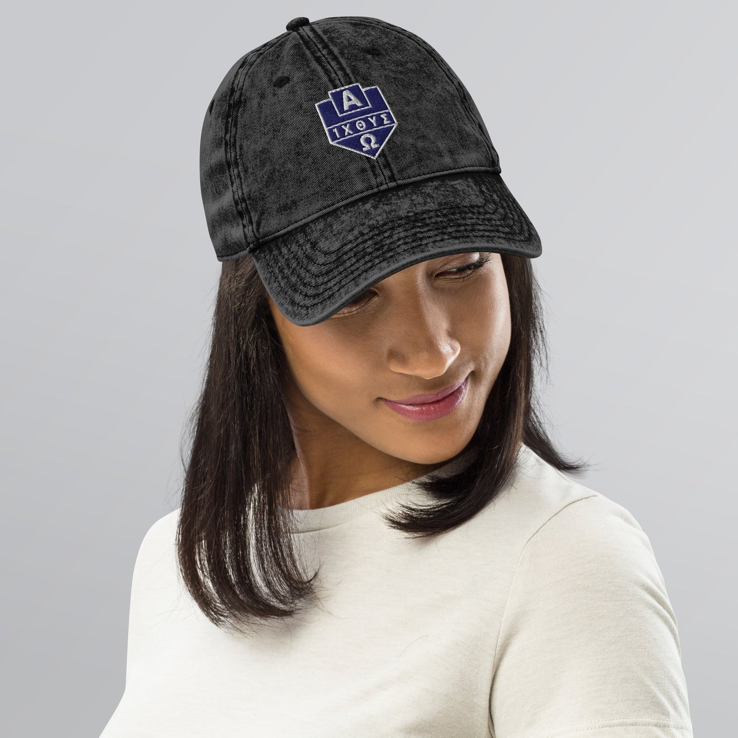 Alpha Omega ICTHYS Greek Shield Flat Embroidered Vintage Cotton Twill Cap - Inken Image