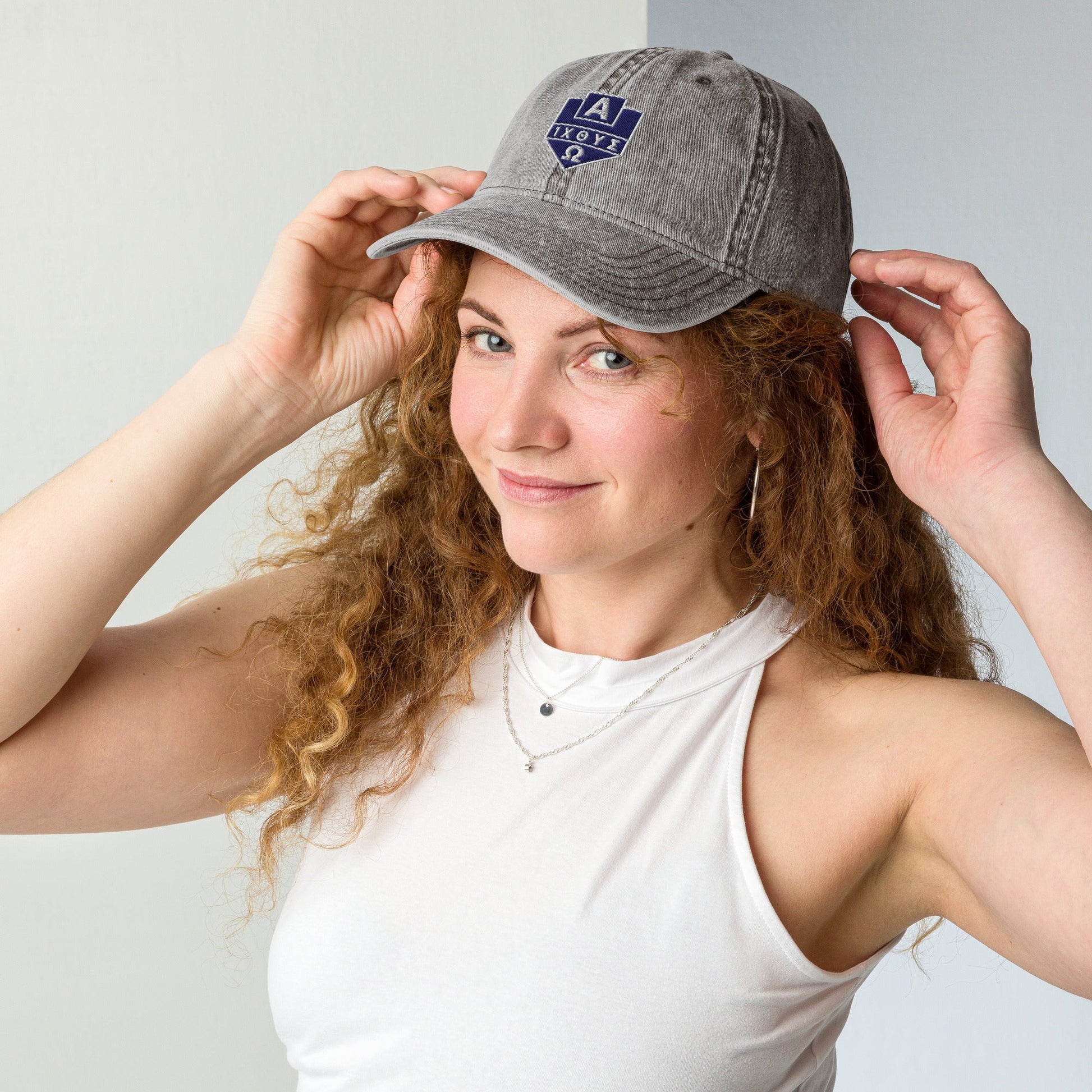 Alpha Omega ICTHYS Greek Shield Flat Embroidered Vintage Cotton Twill Cap - Inken Image