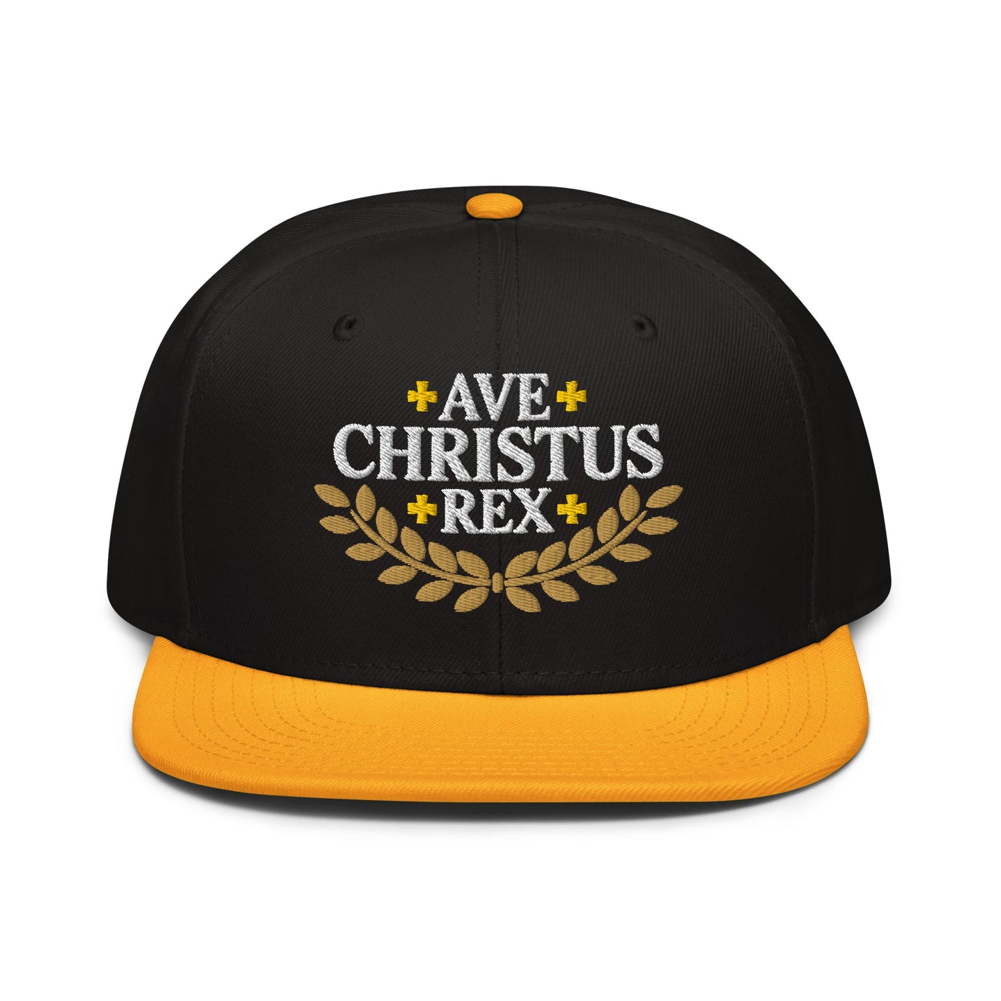 Ave Christus Rex "Hail Christ the King" Gold Wreath Flat Embroidered Snapback - Inken Image