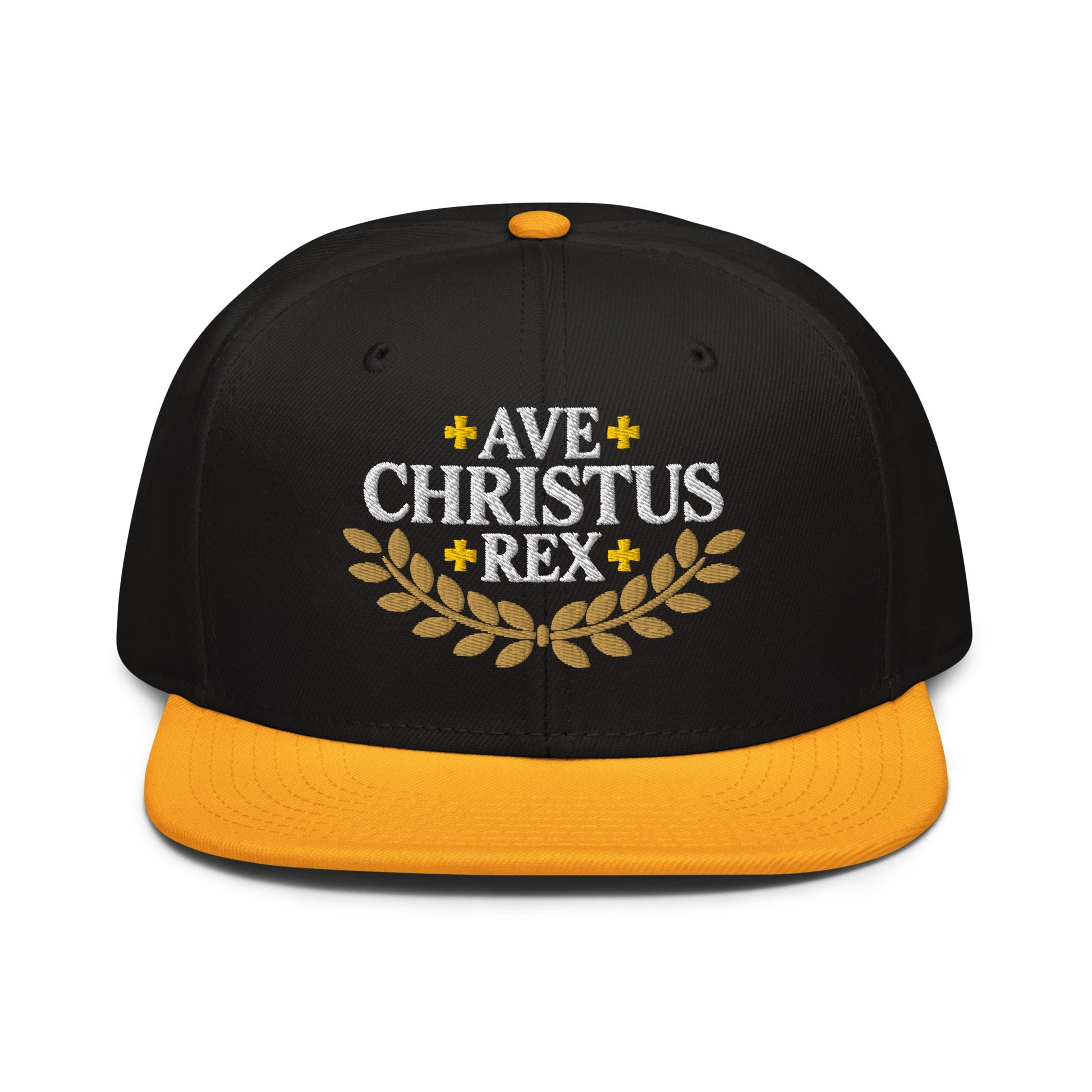 Ave Christus Rex "Hail Christ the King" Gold Wreath Flat Embroidered Snapback - Inken Image