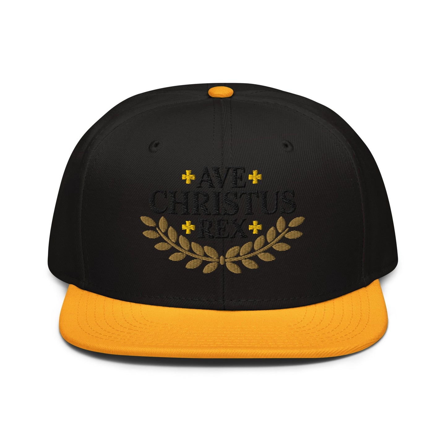 Ave Christus Rex "Hail Christ the King" Gold Wreath Flat Embroidered Snapback - Inken Image