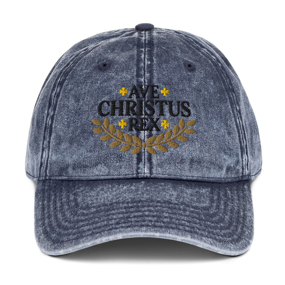 Ave Christus Rex "Hail Christ the King" Gold Wreath Flat Embroidered Vintage Cotton Twill Cap - Inken Image