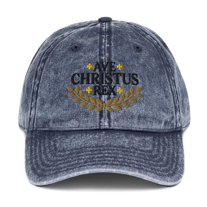 Ave Christus Rex "Hail Christ the King" Gold Wreath Flat Embroidered Vintage Cotton Twill Cap - Inken Image