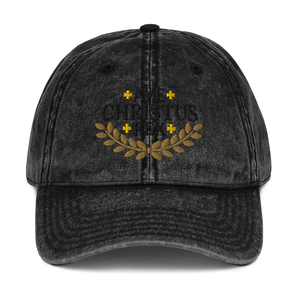 Ave Christus Rex "Hail Christ the King" Gold Wreath Flat Embroidered Vintage Cotton Twill Cap - Inken Image