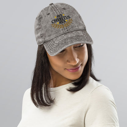 Ave Christus Rex "Hail Christ the King" Gold Wreath Flat Embroidered Vintage Cotton Twill Cap - Inken Image