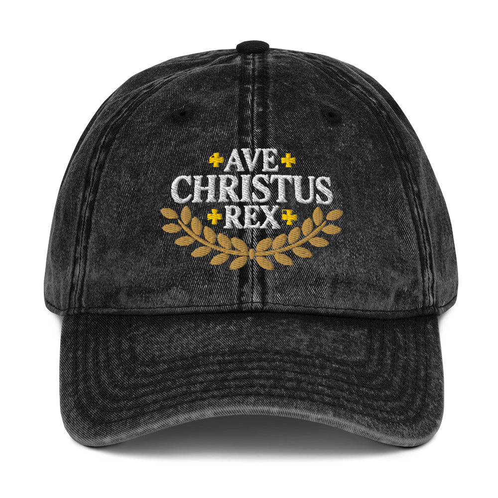 Ave Christus Rex "Hail Christ the King" Gold Wreath Flat Embroidered Vintage Cotton Twill Cap - Inken Image