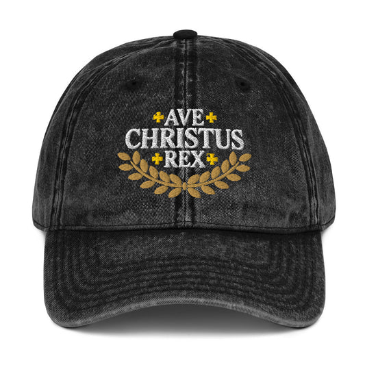 Ave Christus Rex "Hail Christ the King" Gold Wreath Flat Embroidered Vintage Cotton Twill Cap - Inken Image