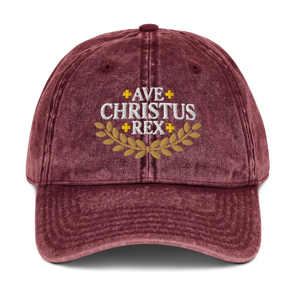Ave Christus Rex "Hail Christ the King" Gold Wreath Flat Embroidered Vintage Cotton Twill Cap - Inken Image