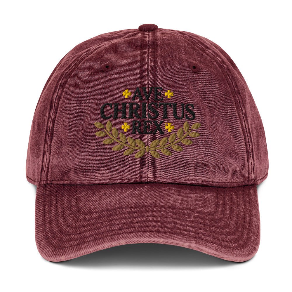 Ave Christus Rex "Hail Christ the King" Gold Wreath Flat Embroidered Vintage Cotton Twill Cap - Inken Image