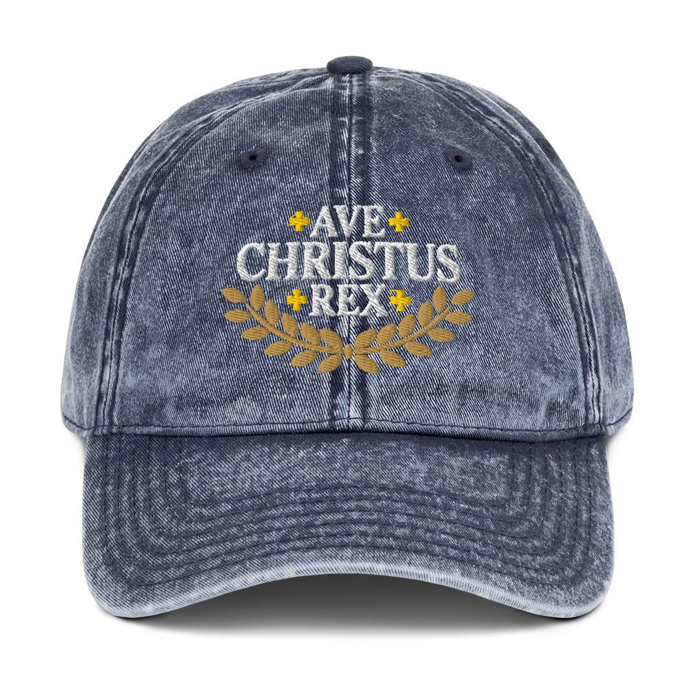 Ave Christus Rex "Hail Christ the King" Gold Wreath Flat Embroidered Vintage Cotton Twill Cap - Inken Image