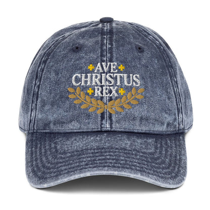 Ave Christus Rex "Hail Christ the King" Gold Wreath Flat Embroidered Vintage Cotton Twill Cap - Inken Image