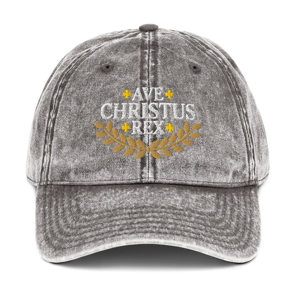 Ave Christus Rex "Hail Christ the King" Gold Wreath Flat Embroidered Vintage Cotton Twill Cap - Inken Image