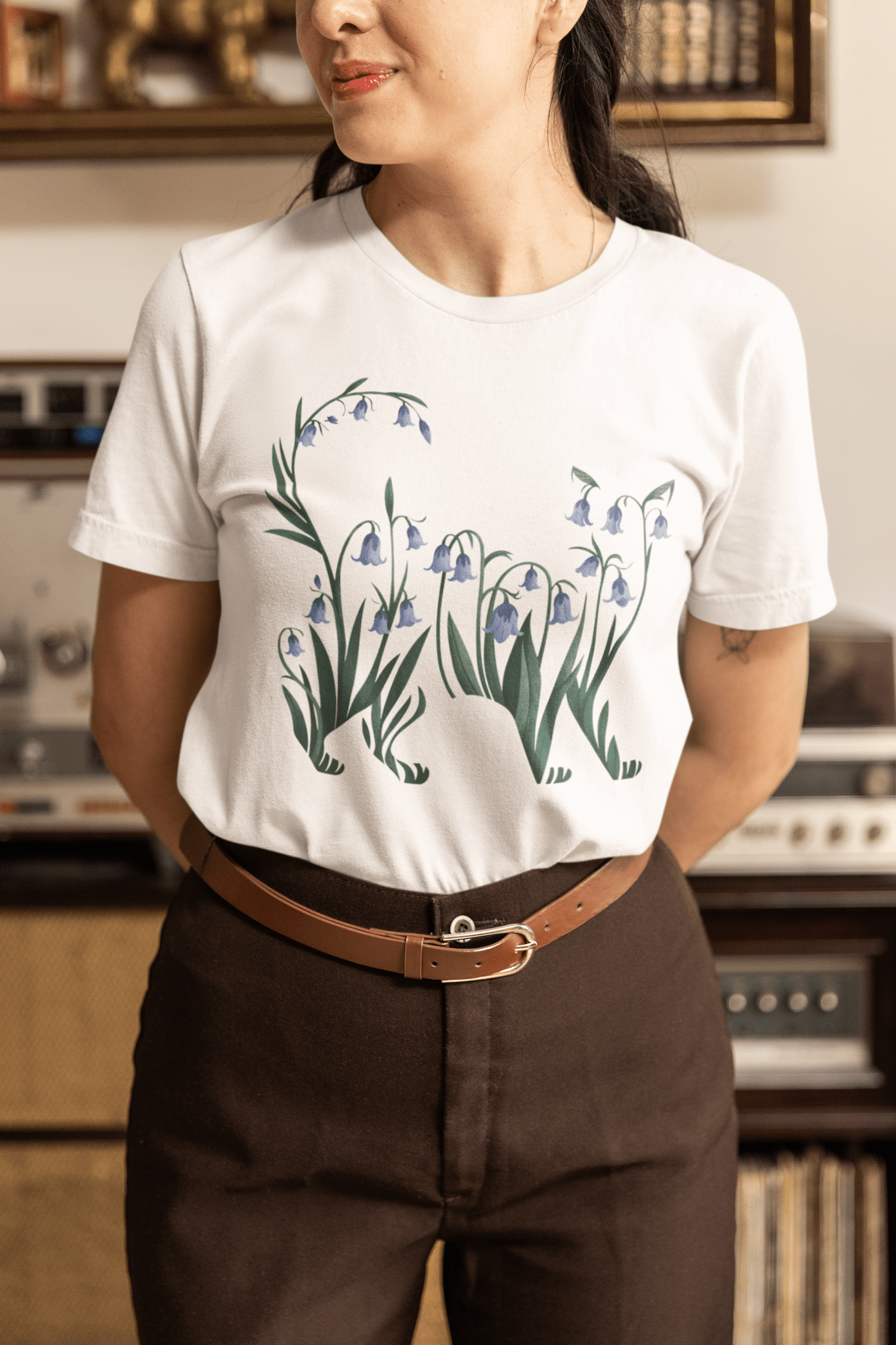 Bluebell Cat Silhouette Botanical T-Shirt - Inken Image