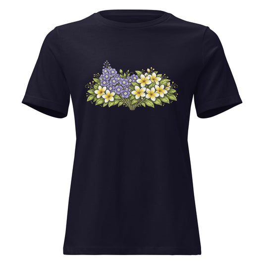 Boho Delphinium Frangipani Bouquet Tee Women’s Cottagecore Shirt - Inken Image