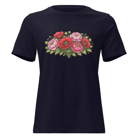 Boho Poppy Peony Bouquet Tee Women’s Cottagecore Folk Art Shirt - Inken Image