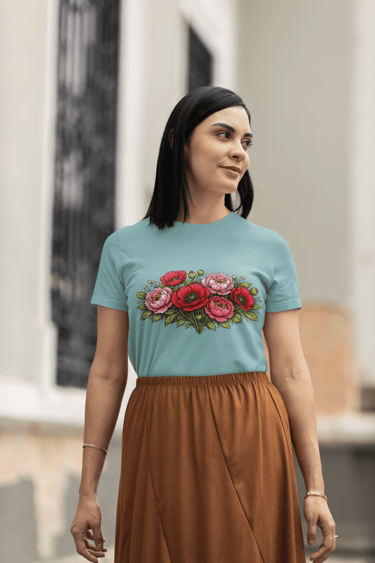 Boho Poppy Peony Bouquet Tee Women’s Cottagecore Folk Art Shirt - Inken Image