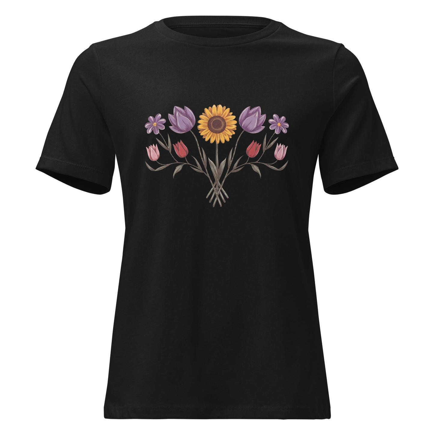 Boho Sunflower Daisy and Tulip Fan Bouquet T-Shirt - Inken Image