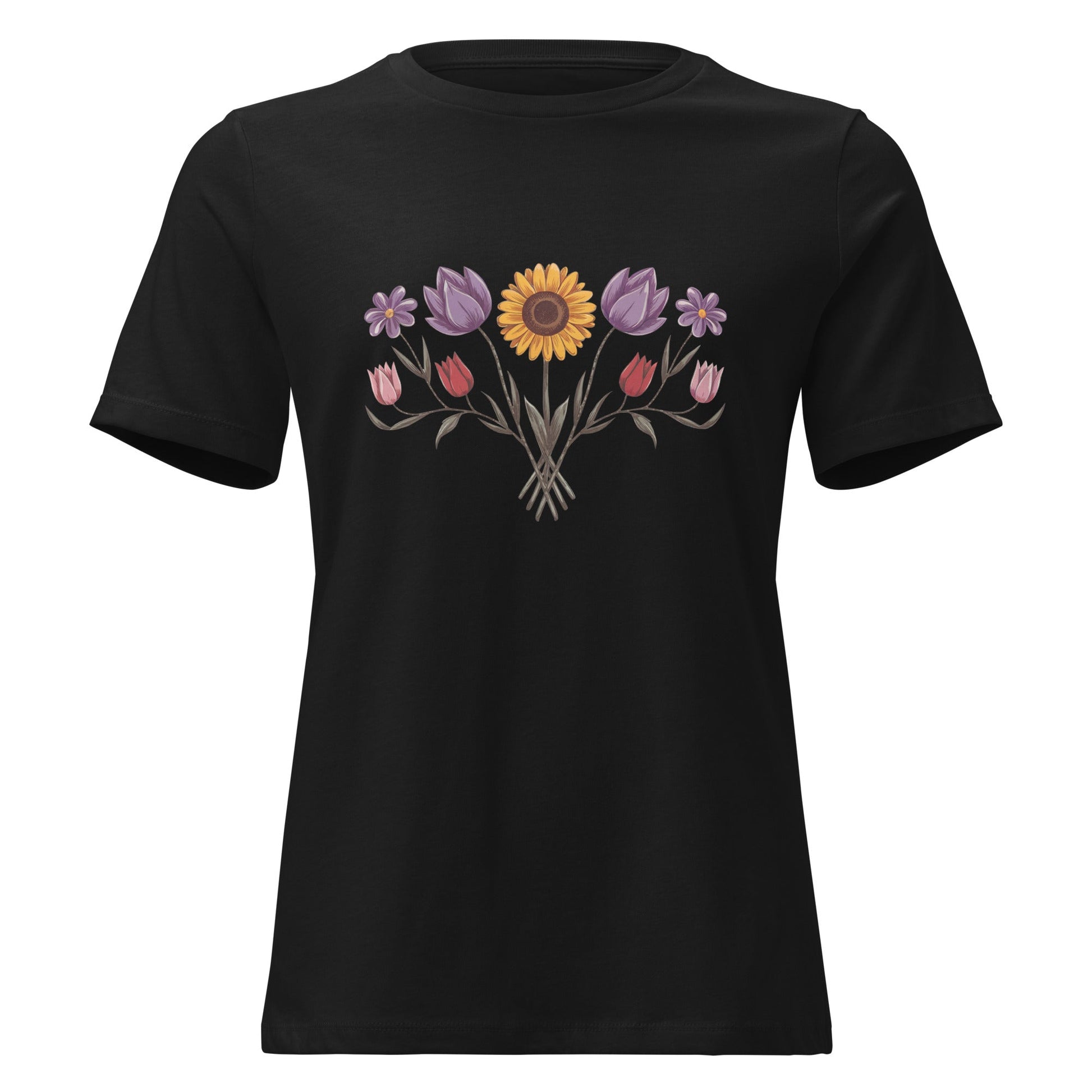 Boho Sunflower Daisy and Tulip Fan Bouquet T-Shirt - Inken Image
