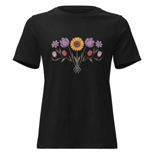 Boho Sunflower Daisy and Tulip Fan Bouquet T-Shirt - Inken Image