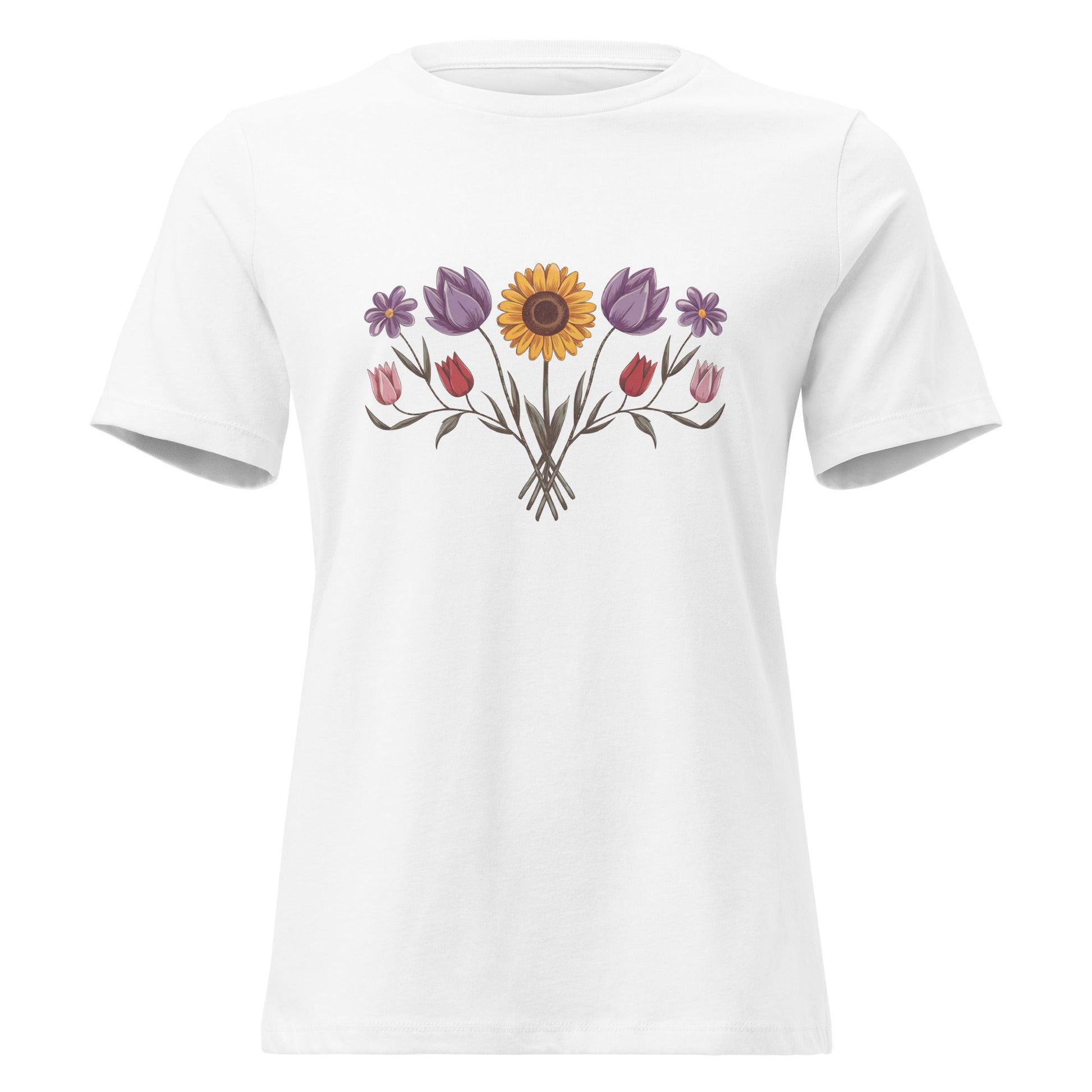 Boho Sunflower Daisy and Tulip Fan Bouquet T-Shirt - Inken Image