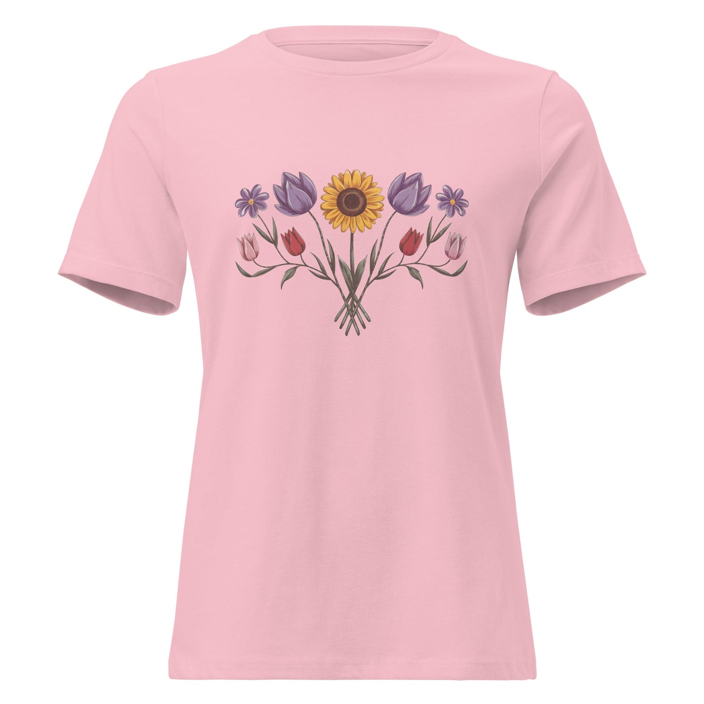 Boho Sunflower Daisy and Tulip Fan Bouquet T-Shirt - Inken Image