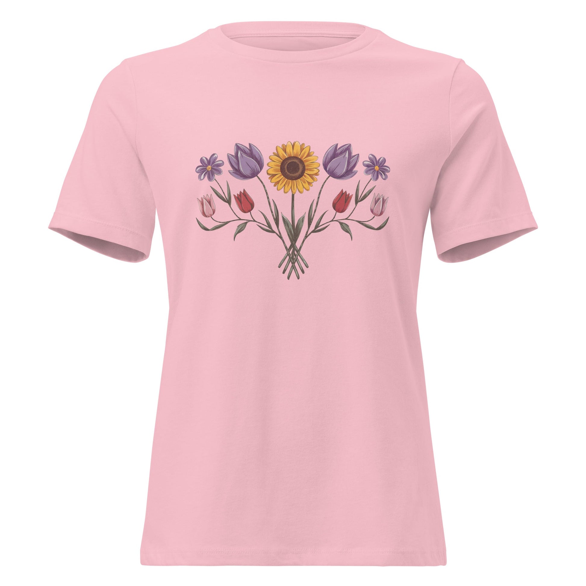 Boho Sunflower Daisy and Tulip Fan Bouquet T-Shirt - Inken Image