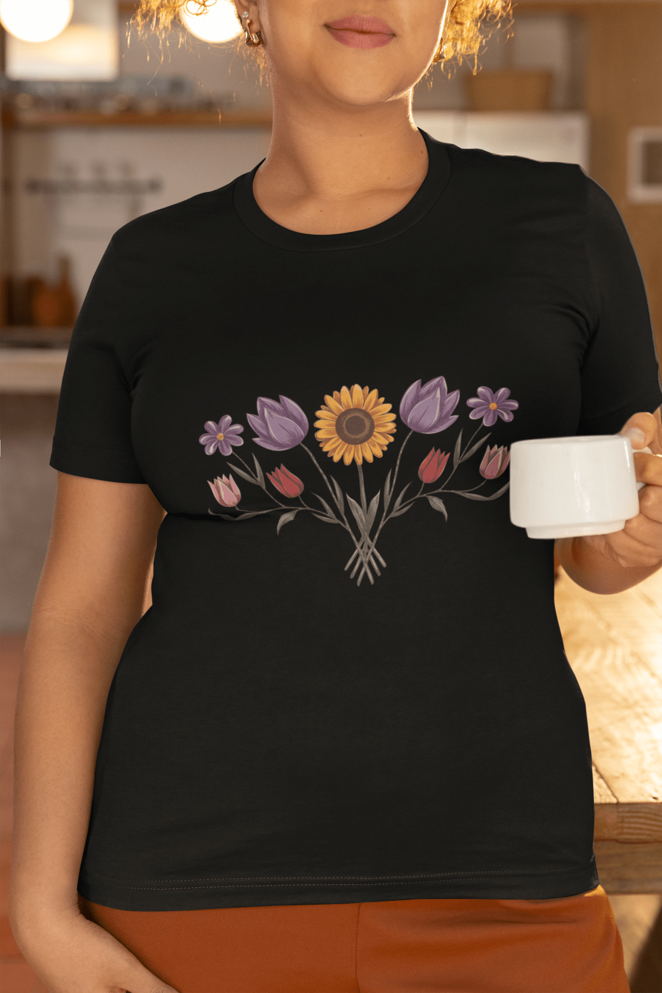 Boho Sunflower Daisy and Tulip Fan Bouquet T-Shirt - Inken Image
