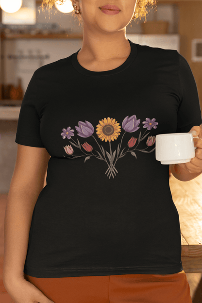 Boho Sunflower Daisy and Tulip Fan Bouquet T-Shirt - Inken Image
