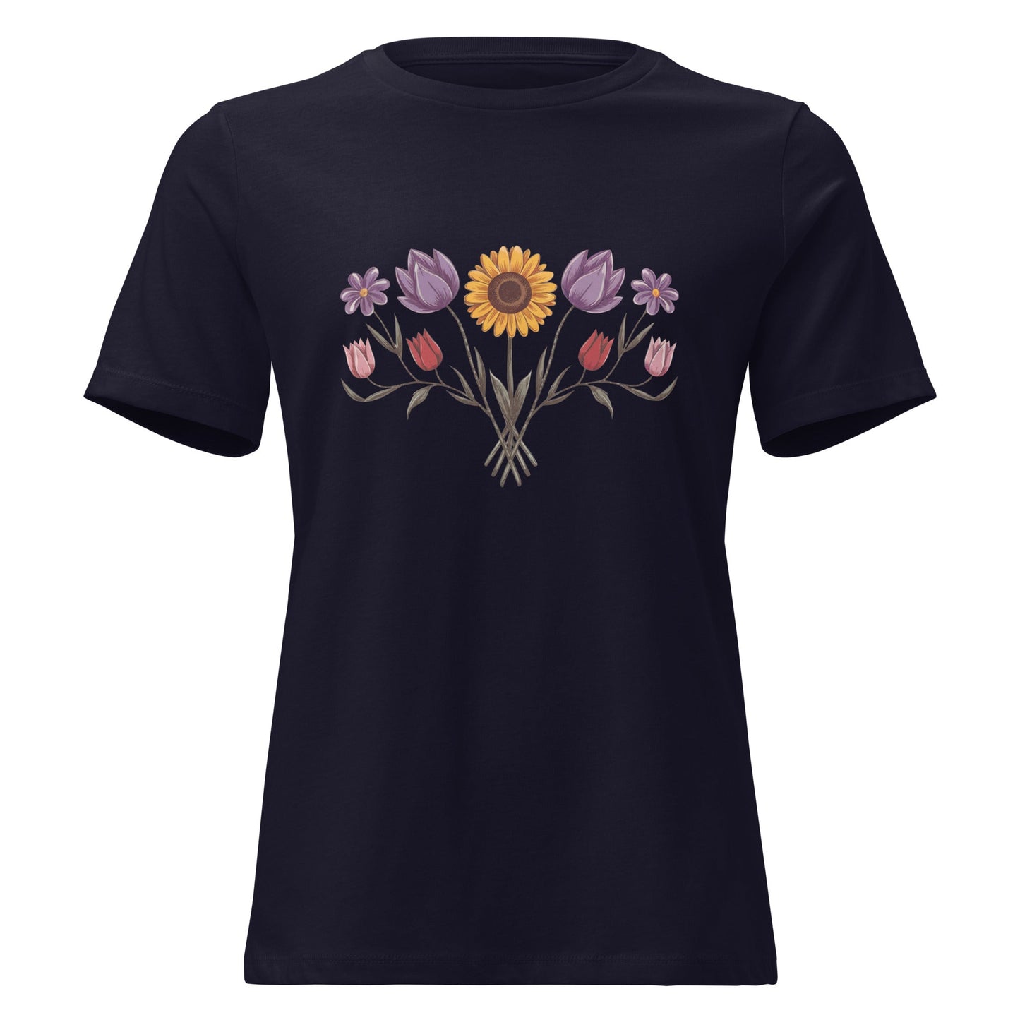 Boho Sunflower Daisy and Tulip Fan Bouquet T-Shirt - Inken Image
