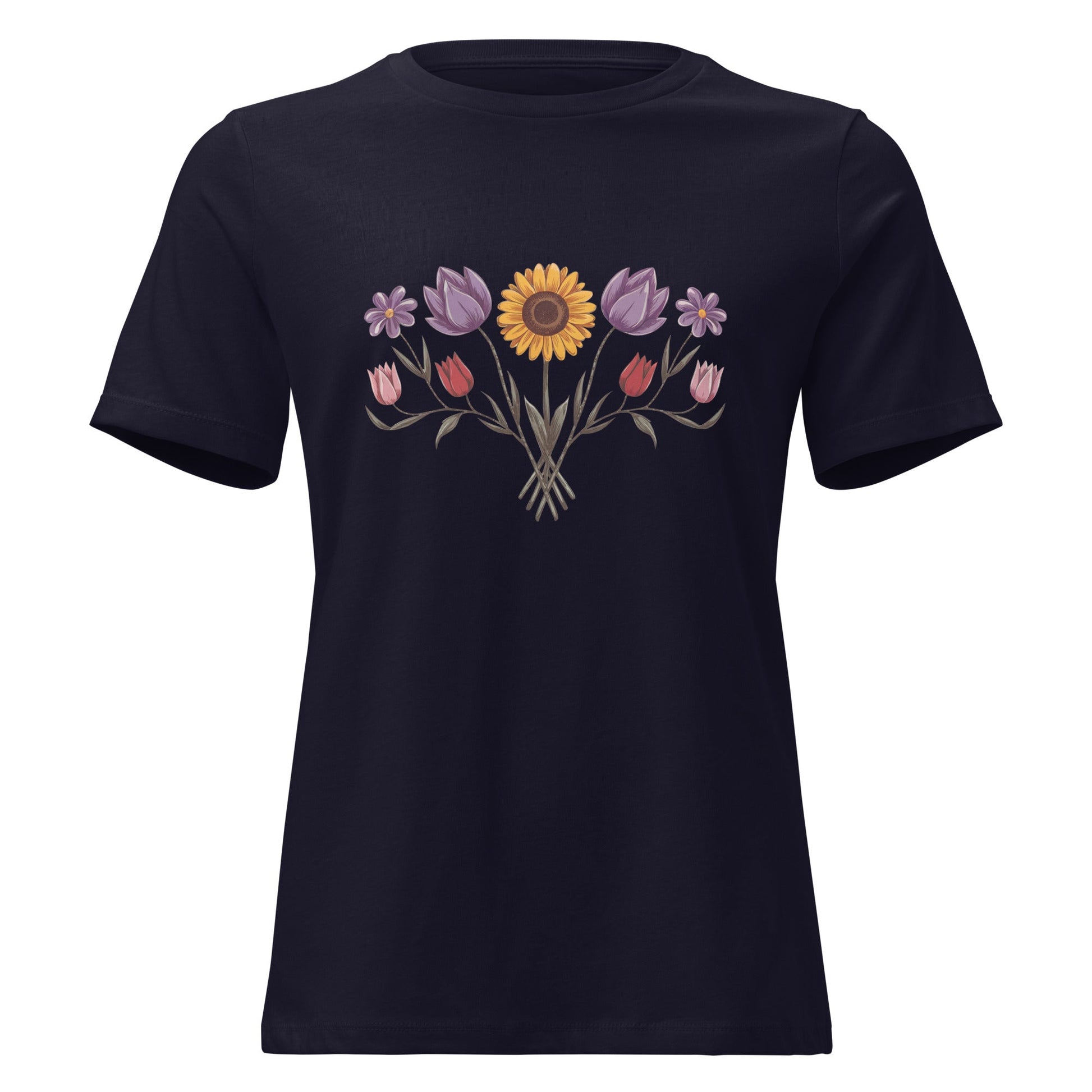 Boho Sunflower Daisy and Tulip Fan Bouquet T-Shirt - Inken Image