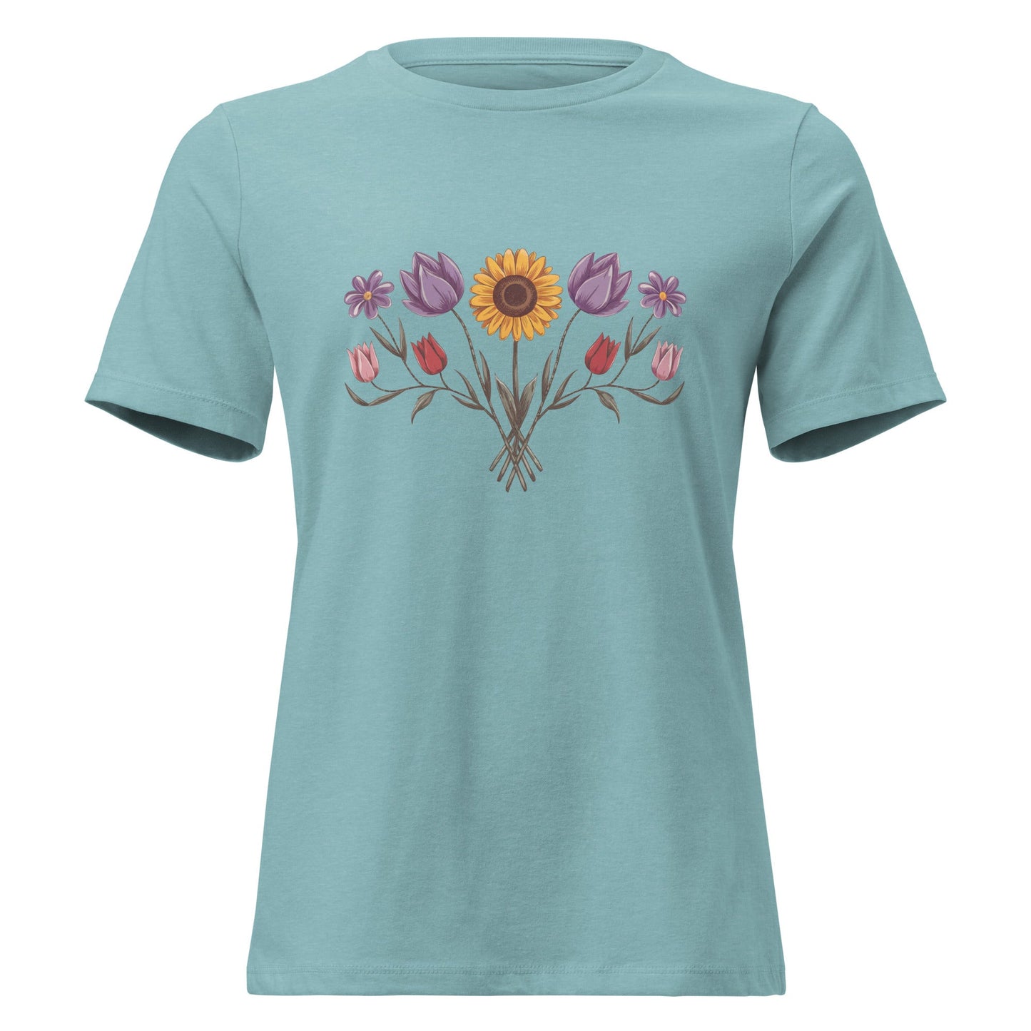 Boho Sunflower Daisy and Tulip Fan Bouquet T-Shirt - Inken Image
