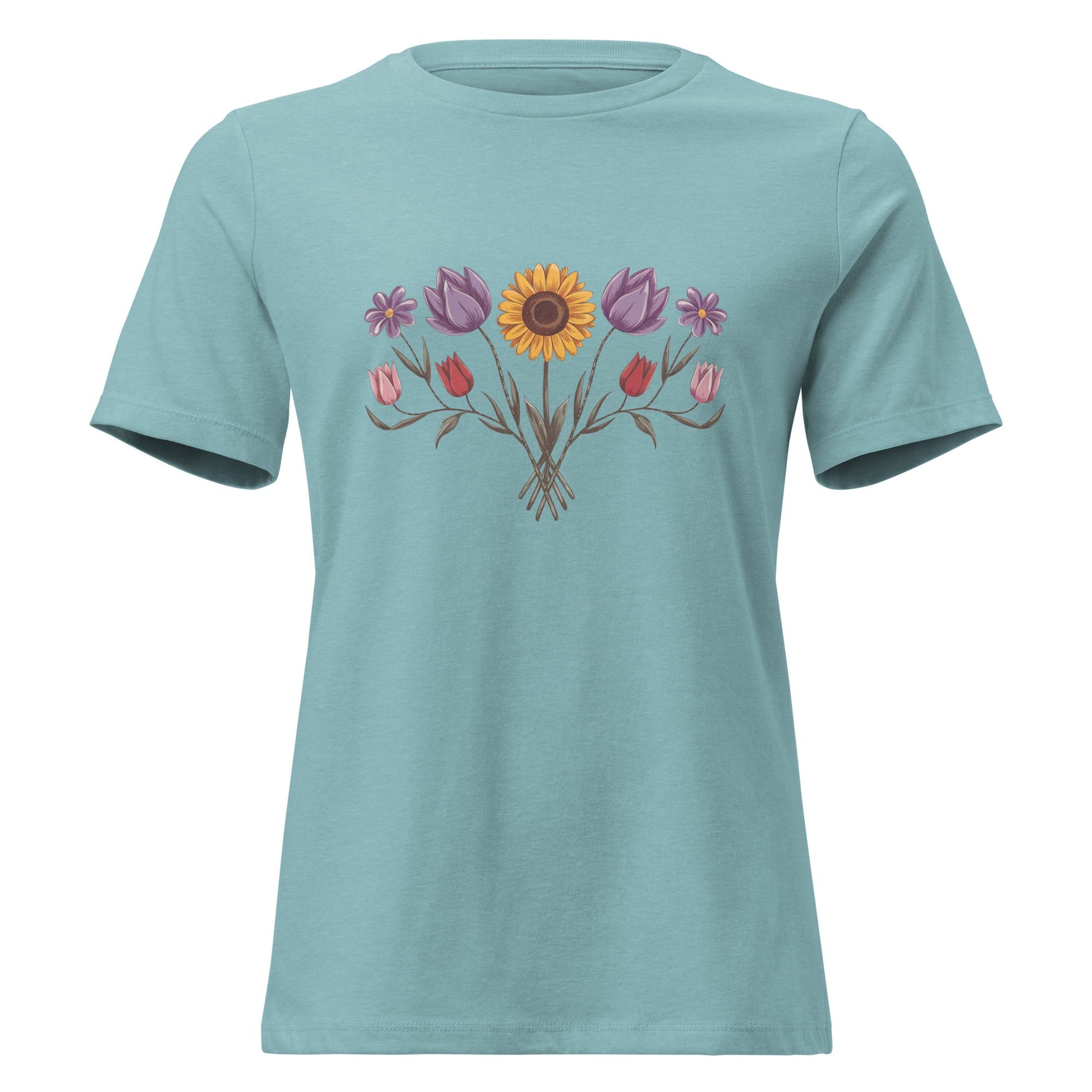 Boho Sunflower Daisy and Tulip Fan Bouquet T-Shirt - Inken Image