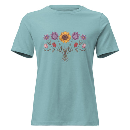 Boho Sunflower Daisy and Tulip Fan Bouquet T-Shirt - Inken Image